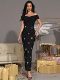 Women's Light Luxury Nail Diamond Design Bandage Dress with Off Shoulder Shoulder Sleeve Bodycon Long Dress Party Vestidos black