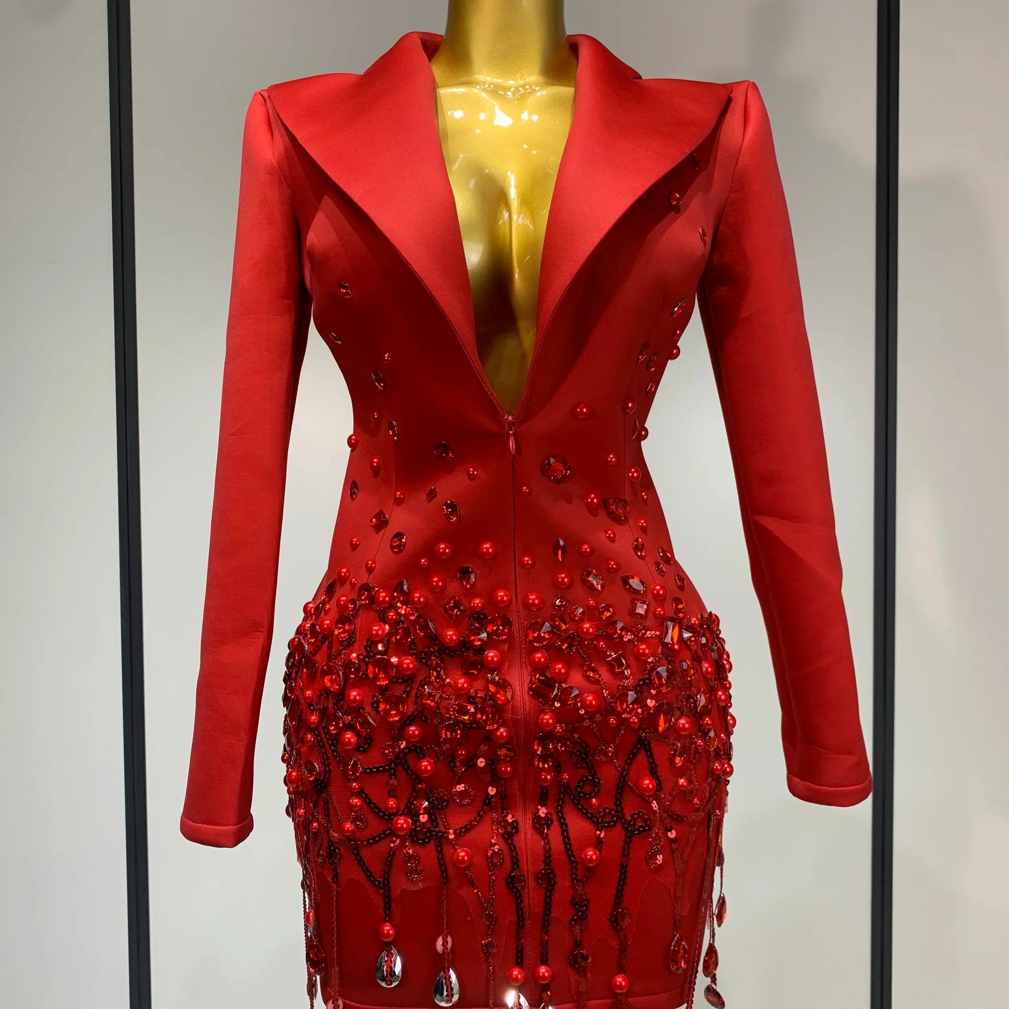 Luxury Rhinestone Deep V-Neck Slim Fit Red Suit Dress Fashion Celebirty Elegant Evening Club Party Dresses Red