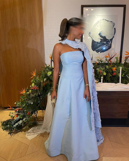 Arabic Prom Dress For Wedding Guest Women Gown A-Line Long Flower Cape Satin Formal Evening Dress Blue Party Gowns