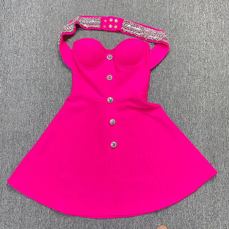 Women Sexy Halter Shinning Diamond Backless Bandage A-Line Mini Dress Evening Party Birthday Vacation Dress Rose Red