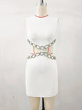 2024 Sexy Women's Waist Set with Diamond Chain Design Bandage Dress O-Neck Sleeveless Bodycon Bareback Mini Dress Party Vestidos WHITE