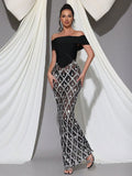 Spring Sexy Women's Chiffon Patchwork Sparkle Nail Bead Long Dress V-neck Short Sleeve Bodycon Dress Cocktail Banquet Dress