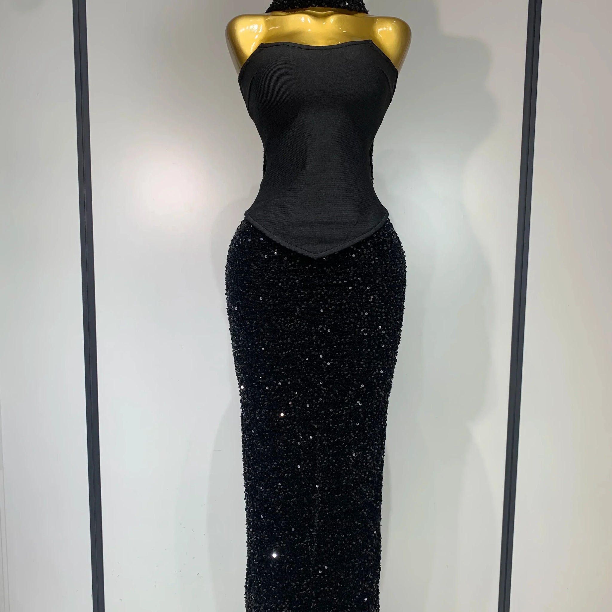 Women Sexy Strapless Sequin Black Maxi Long Bandage Three Piece Set Knitted Elegant Evening Club Party Birthday Prom Gowns black