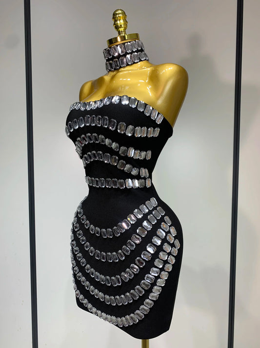 Sparkly Rhinestones Bodycon Strapless Mini Bandage Dress Women Backless Fashion Evening Party Club Luxury Birthday Dresses