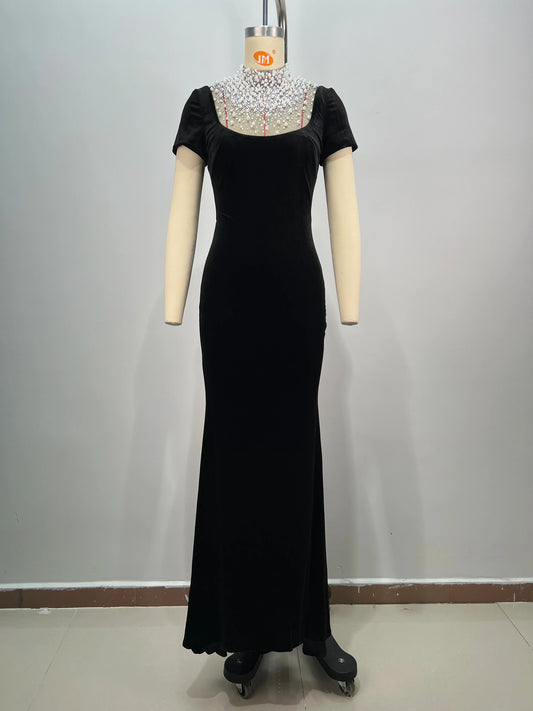 High Quality Women Short Sleeve Pearl Beading Velvet Bodycon Long Dress Elegant Evening Party Celebrate Cocktail Dress