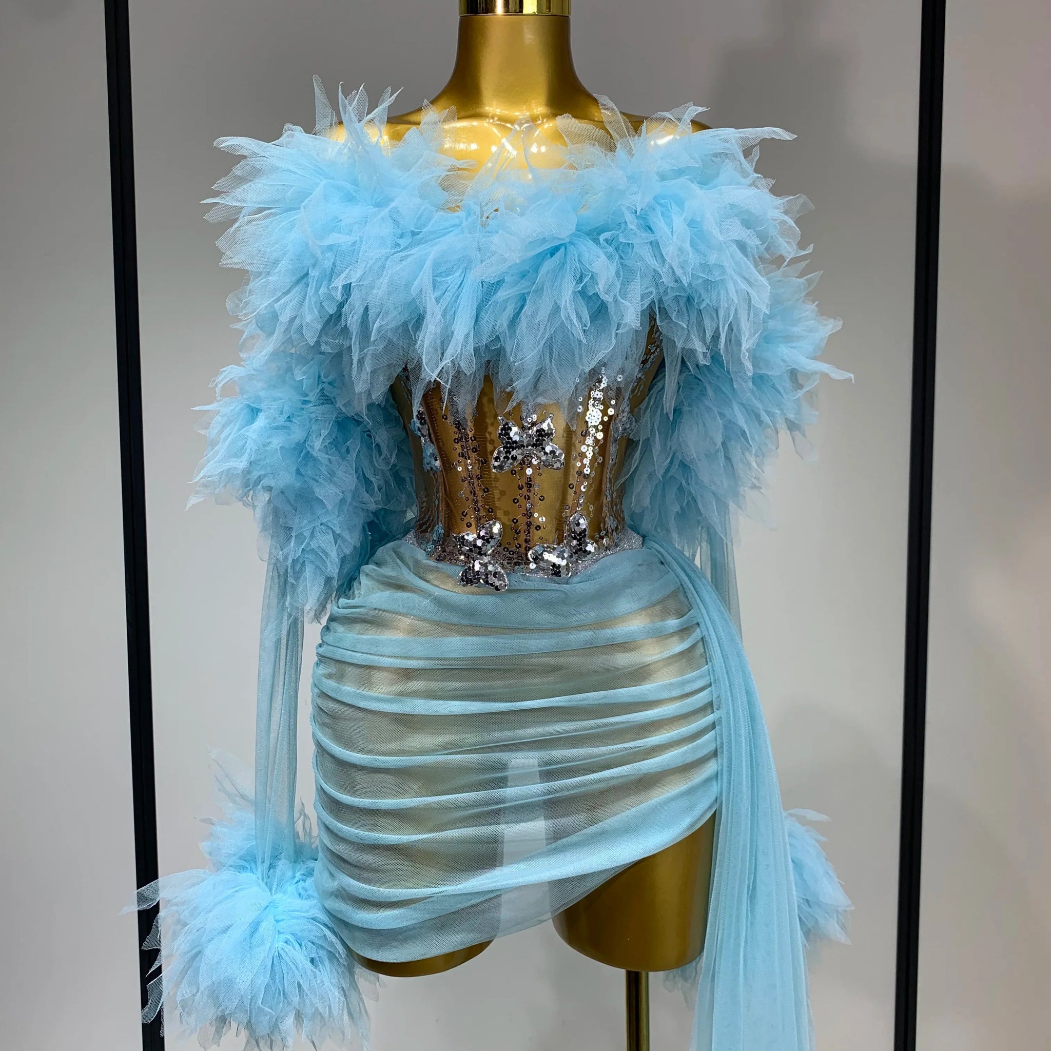 Women Sexy Backless Mesh Transparent Three Pieces Set Performance Dance Costume Nightclub Birthday Photo Shoot Stage Outfit SKY BLUE