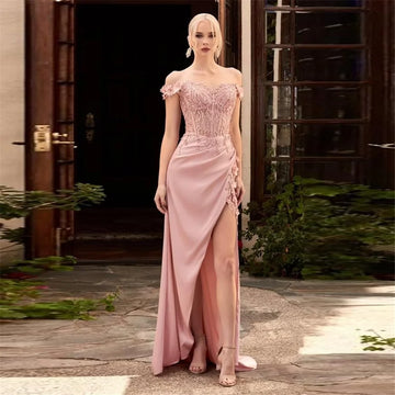 Elegant Pink Mermaid Evening Dress Off The Shoulder Lace Appliques Ruched Floor Length Prom Gown Formal Party Gown Pink