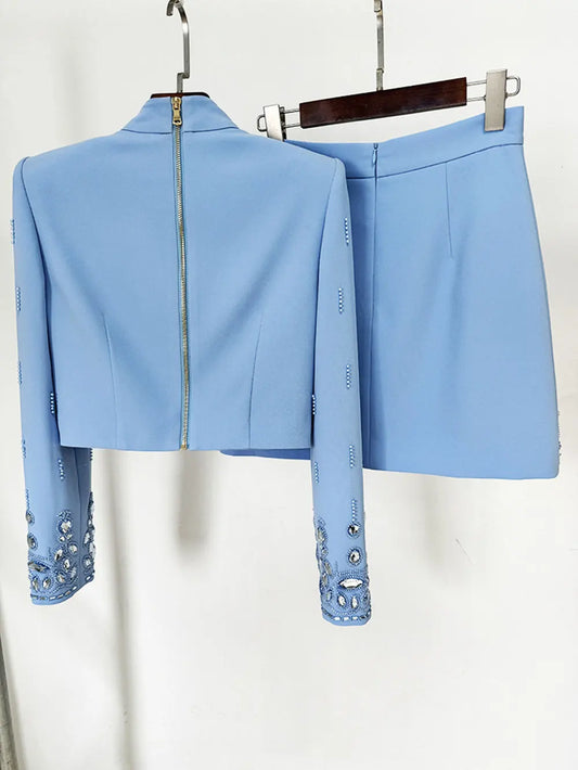 Autumn Elegant Women's Nail Pearl Water Diamond Blue Skirt Sets O-neck Long Sleeve Hoodie Top+Mini Skirt Two Piece Set