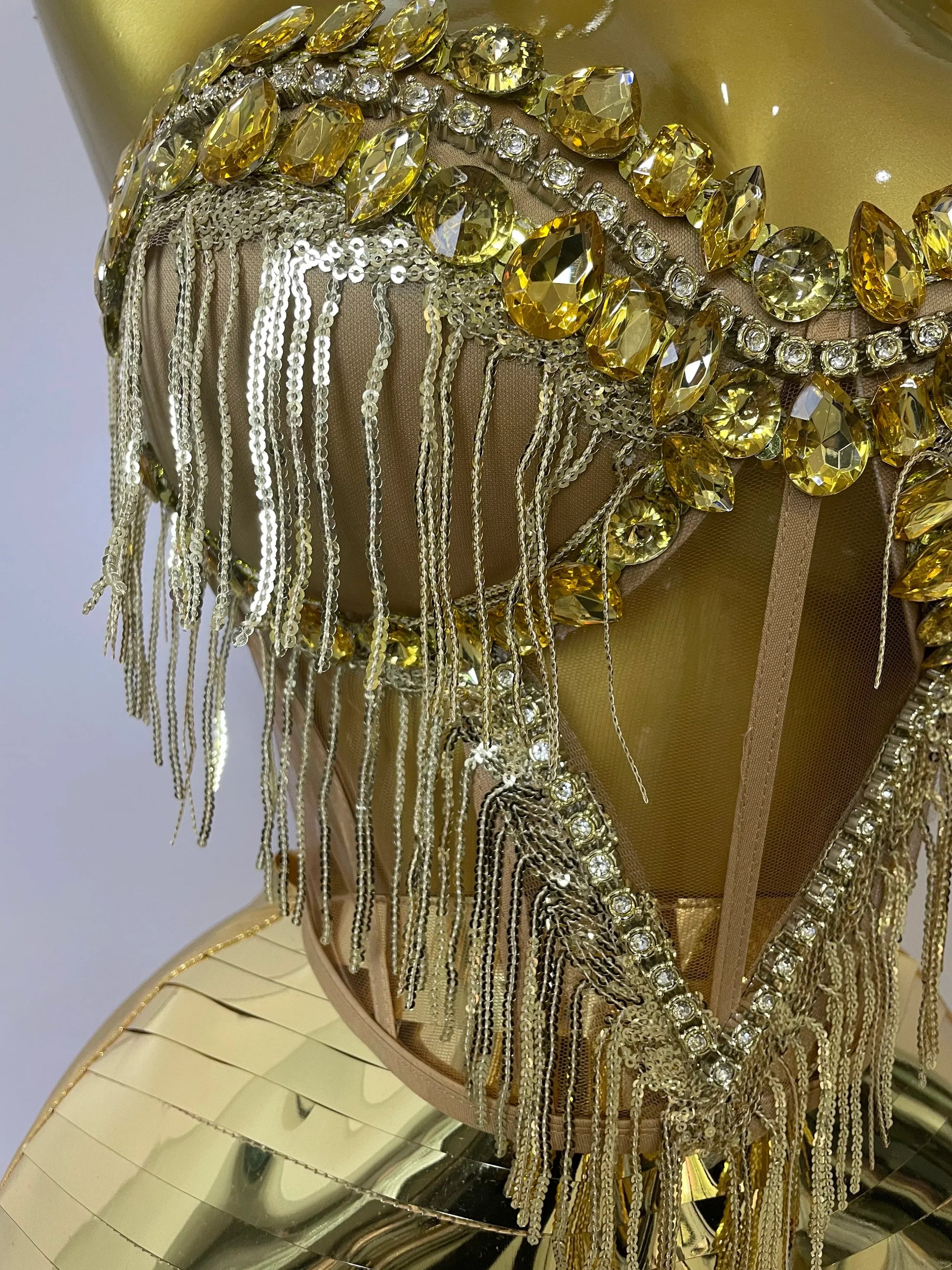 Sparkly Gold Rhinstones tassels Top Skirt Two-piec Set Women Sexy Strapless Designer Nightclub Evening Party Stage Outfit