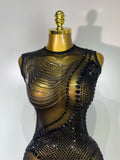 Women Sexy Mesh See Through Crystal Chain Black Bodycon Jumpsuit Celebrity Designer Dancer Night Club Rompers Stage Costume