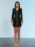 Women V Neck Bandage Dress Black Sexy Long Sleeve Button Bodycon Club Celebrity Elegant Evening Mini Party Dresses