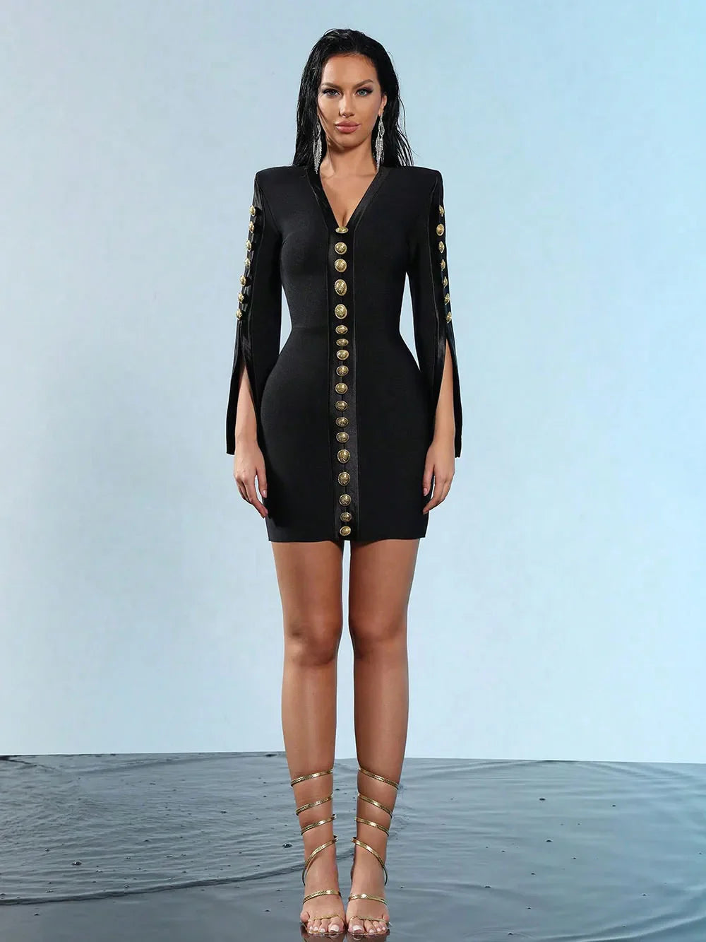 Women V Neck Bandage Dress Black Sexy Long Sleeve Button Bodycon Club Celebrity Elegant Evening Mini Party Dresses