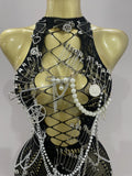 Sexy Black See-Through Pin Decoration Chain Beading Short Dress Women Birthday Evening Party Nightclub Performance Costume