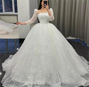 A-line Long Sleeves Wedding Dresses Strapless Sequin Bridal Gown Floor Length Bride Dress for Women Vestidos De Novia