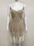 Ladies Luxury Bead Tassels Strapless Backless Design Celebrity Party Club Khaki Sleeveless Sexy Mini Bandage Dress New