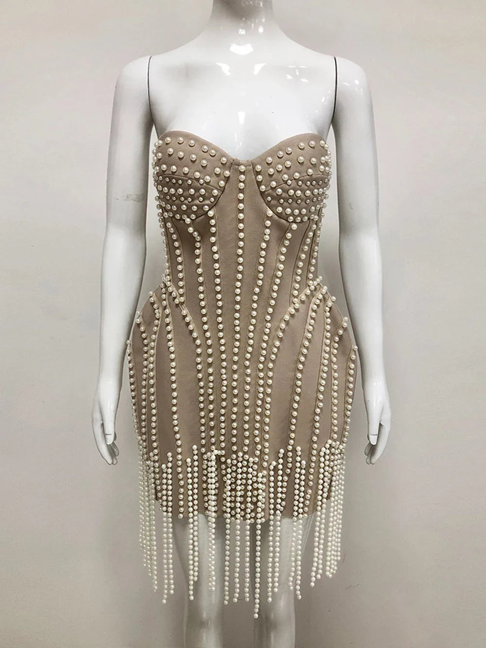 Ladies Luxury Bead Tassels Strapless Backless Design Celebrity Party Club Khaki Sleeveless Sexy Mini Bandage Dress New