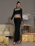 Sexy Women's Pearl Nail Bead Design Bandage Long Dress Stand Collar Long Sleeve Bodycon Hollow Dress Cocktail Banquet Dress black