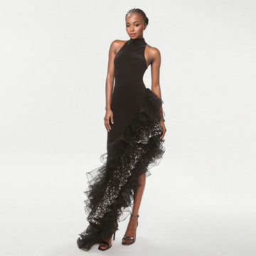 Women Sexy Off the Shoulder Shinning Ruffles Bodycon Bandage Long Dress Celebrate Fashion Evening Party Outfit black