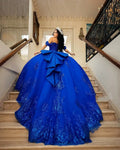 Customized Glitter Royal Blue Quinceanera Dress Ball Gown Sequins Applique Beaded Bow Sweet 16 Vestidos De 15 Anos Blue