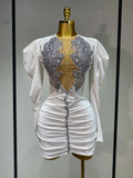 Luxury Birthday Dress Sparkly Crystals Sexy Mesh Velvet Short Dress Women Elegant Evening Party Nightclub Stage Costume WHITE