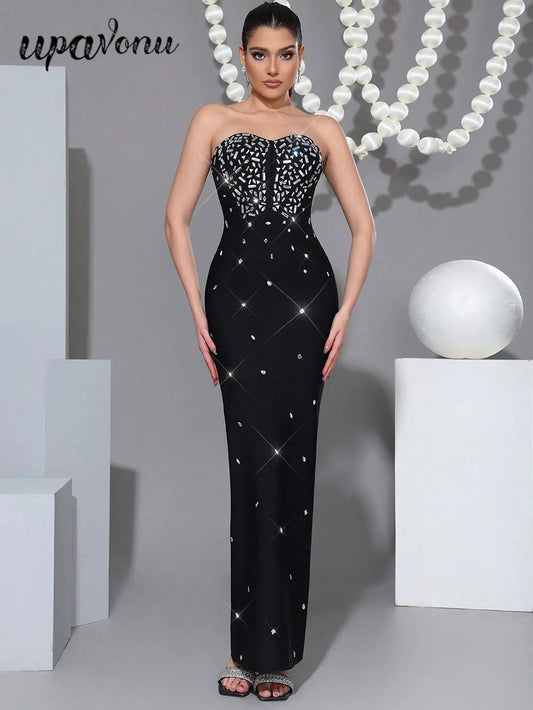 Sexy Women's Nail Bead Design Bandage Dress Strapless Sleeveless Bodycon Backless Long Dress Cocktail Dinner Dress Vestitos
