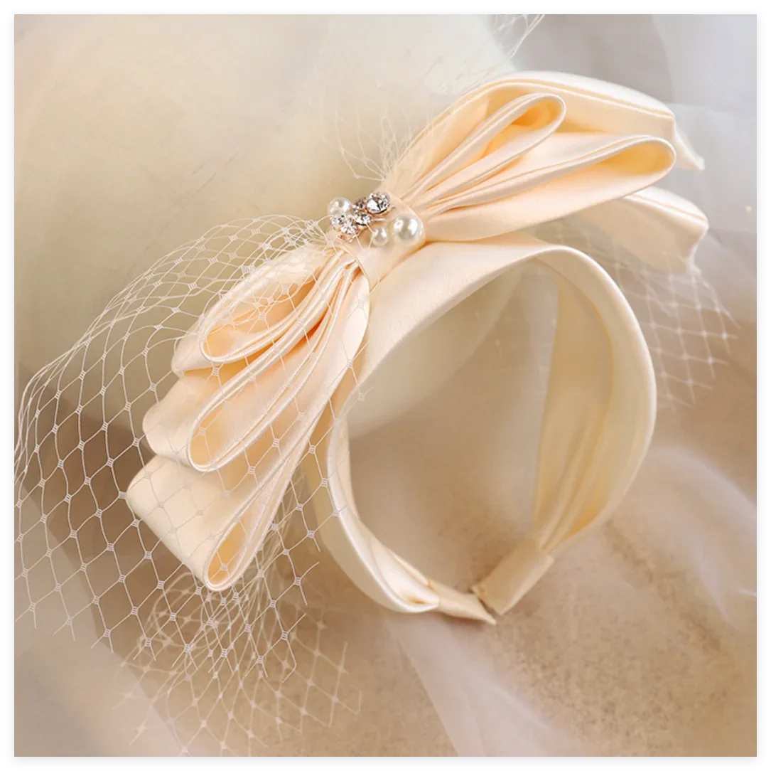 Vintage Bridal Headbands Wedding Party Fascinator Veil Women Satin Bowknot Hairband With Face Veils For Bride Headdress Headwear Beige