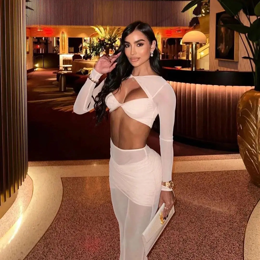 Spring Mesh See Through Women Set Sexy Hollow Out Short Top And Flare Pants 2 Pieces High Stree Wear Evening Party Vestido