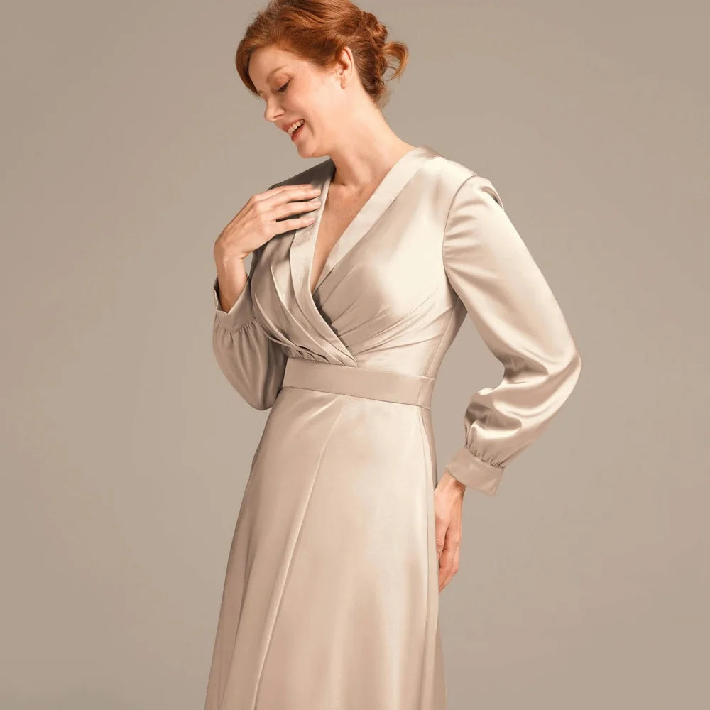 Customized Simple V Neck Mother Dresses Elegant Long Sleeve Wedding Party Gowns Mid-calf Length A Line Formal Bridal Dress