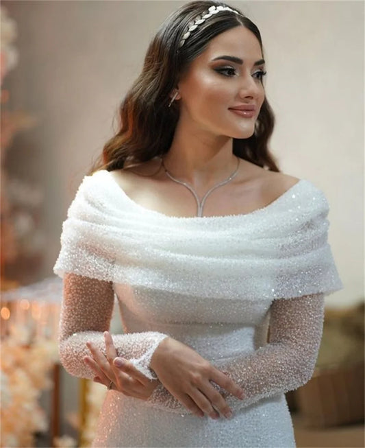 Luxury Beading Mermaid Wedding Dress Glitter Sequins Long Sleeves فستان حفلات الزفاف Shiny Sequins Robes De Soirée