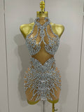 Luxury Sparkle Rhinestones Mesh Transparent Prom Dress Women Sexy Birthday Celebrate Party Club Prom Outfit Bar Costume Silver
