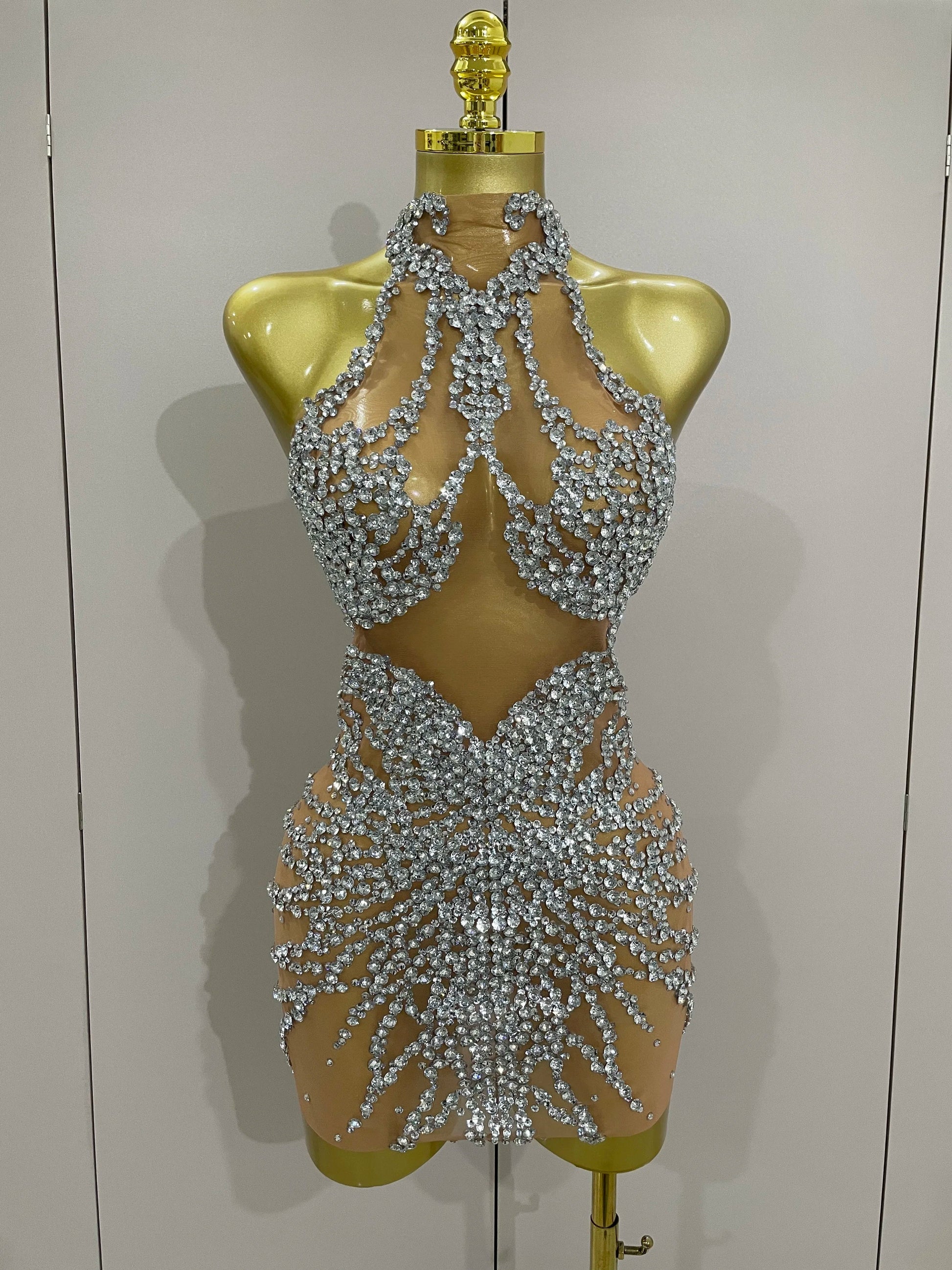 Luxury Sparkle Rhinestones Mesh Transparent Prom Dress Women Sexy Birthday Celebrate Party Club Prom Outfit Bar Costume Silver