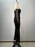 Women'S Light Luxury Nail Bead Chiffon Dress Strapless Sleeveless Glove Design Bodycon Backless Black Long Dresses Vestidos