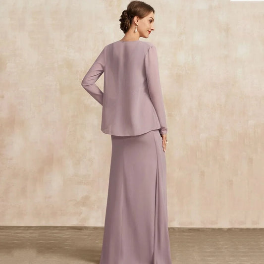Mother Of The Bride Dress - V Neck Customized Mother Dress Chiffon Elegant Mermaid Long Sleeves Bridal Party Gowns Crystal Formal Occasion Bridal Dresses