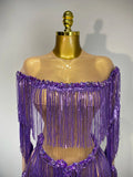 Sparkly Tassel Rhinestones Long Sleeves Sexy Stretch Mesh See Through Bodysuit Women Nightclub Stage Singer Perform Costume