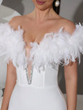 Spring Sexy Women's Light Luxury Feather Design Bandage Dress One Collar Shoulder Bodycon Bareback Dresses Party Vestidos