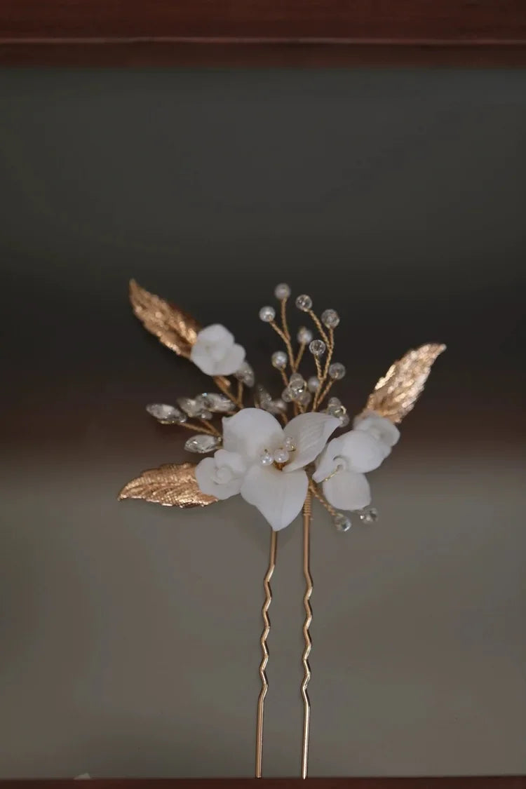 Vintage Gold Silver Color Hair Pin Clip Porcelain Flower Leaf Head Pieces For Brides Hairpins Wedding Accessories Bridal Jewelry