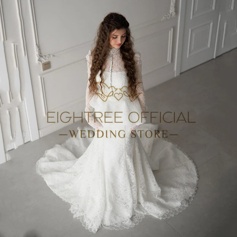 Elegant Mermaid Wedding Dresses High Neck Long Sleeves Appliques Bridal Dress Formal Wedding Ball Prom Gowns Customized