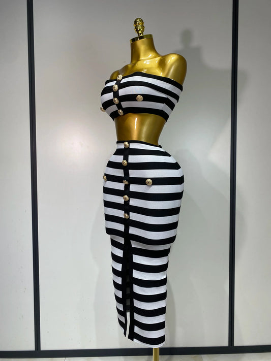 Women Sexy Off Shoulder Striped Button Two Piece Mini Bandage Set Celebrity Designer Evening Party Luxury Birthday Outfit
