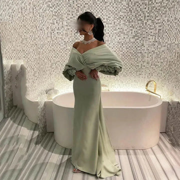 Silk Satin Bodycon Trumpet Evening Dress Off-Shoulder Long Sleeves for Wedding Party As Picture