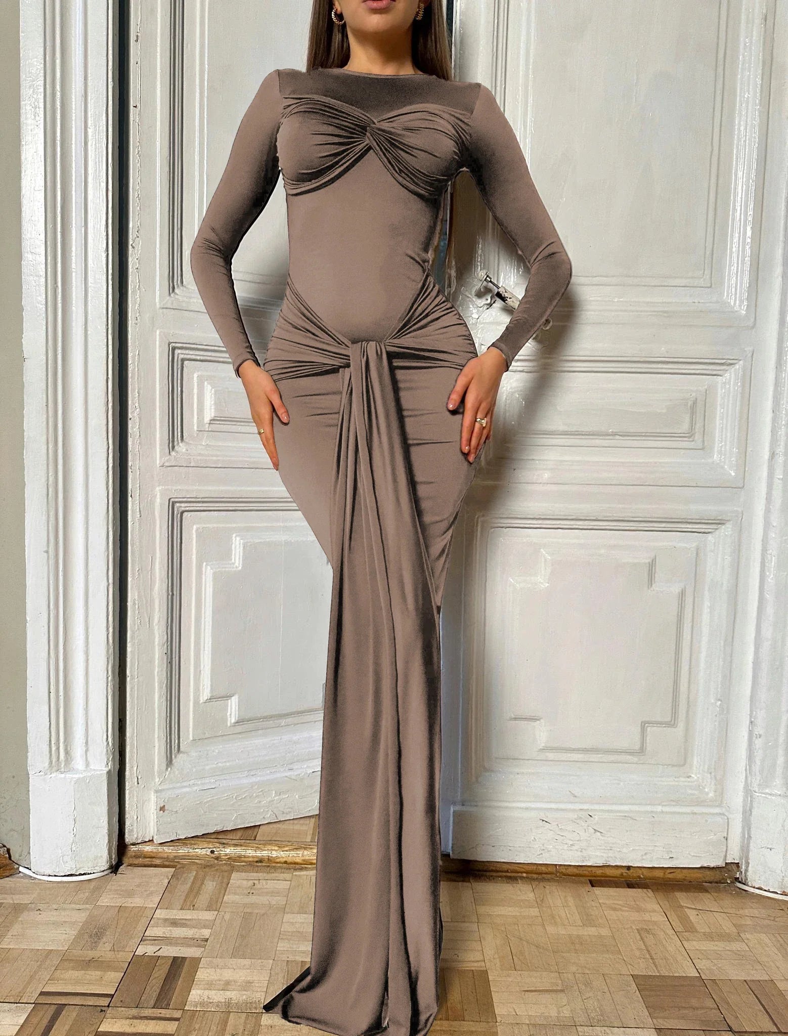 Women Celebrity Sexy O Neck Long Sleeve Gray White Maxi Long Gowns Dress 2024 Elegant Evening Party Club Vestido Brown
