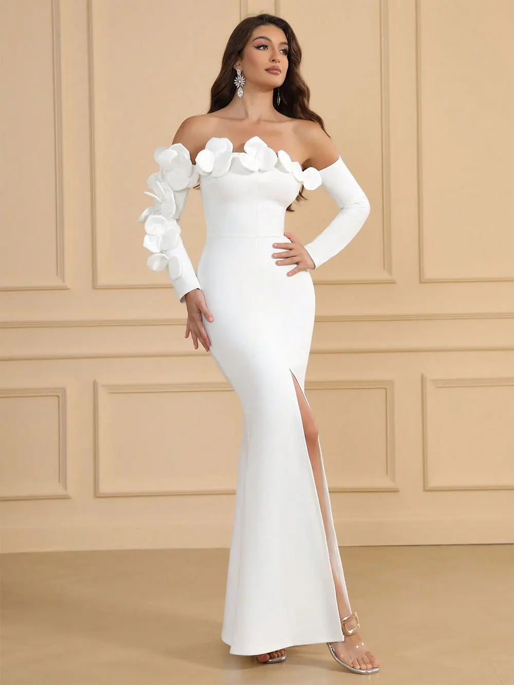 Spring Sexy Women's 3D Flower Bandage Dress with One Collar Long Sleeve Bodycon Bareback Long Split Dresses Party Vestidos WHITE