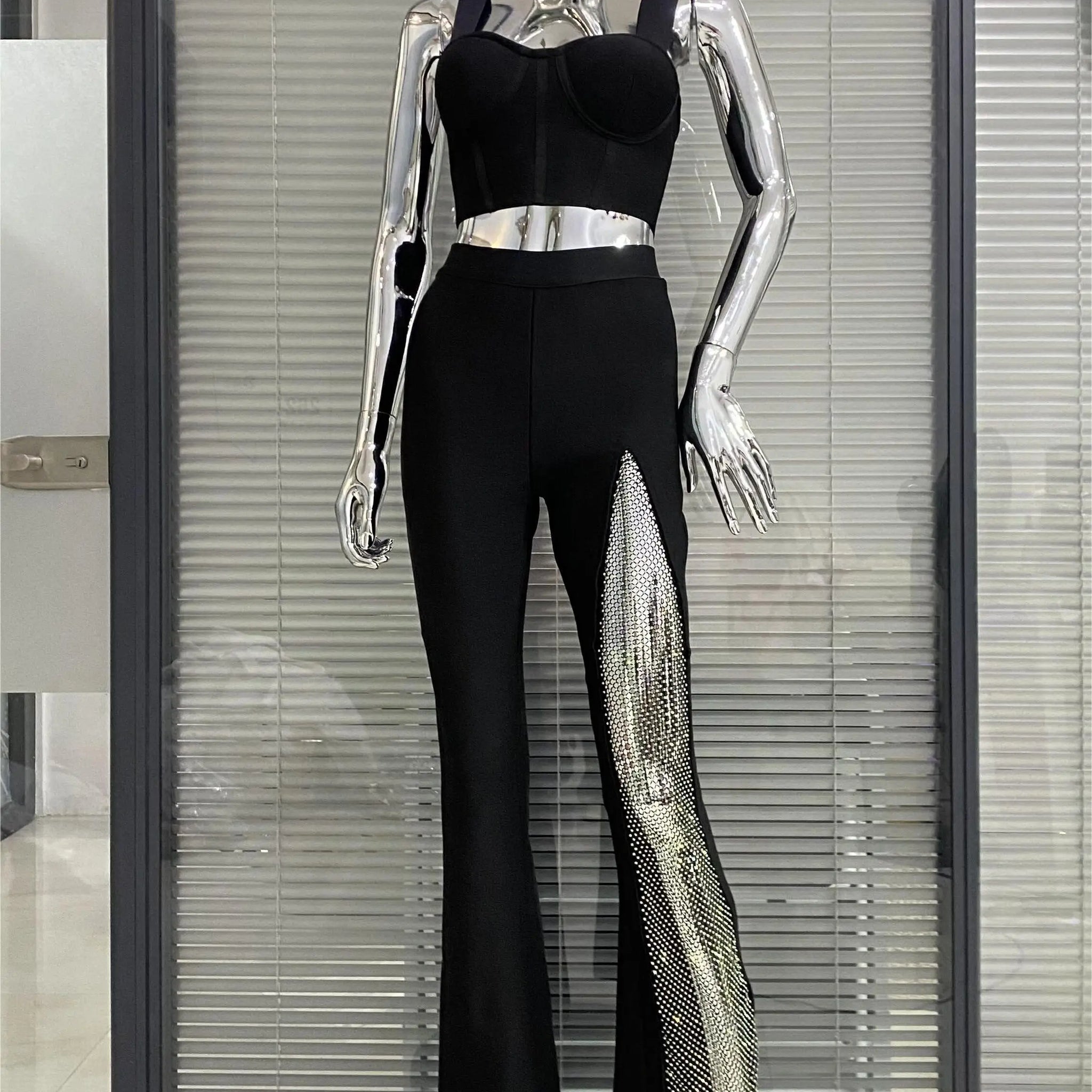 2023 Summer Women Sexy Tops Pants Set Bandage Fashion Shining Diamond Celebrate Nightclub Party Women's Set Wholesale