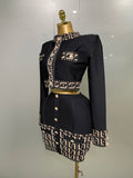 Trendy Black Long Sleeves Two Pieces Bandage Set Button Top Short Skirt Suit Evening Party Women's Outfit Nightclub Wear