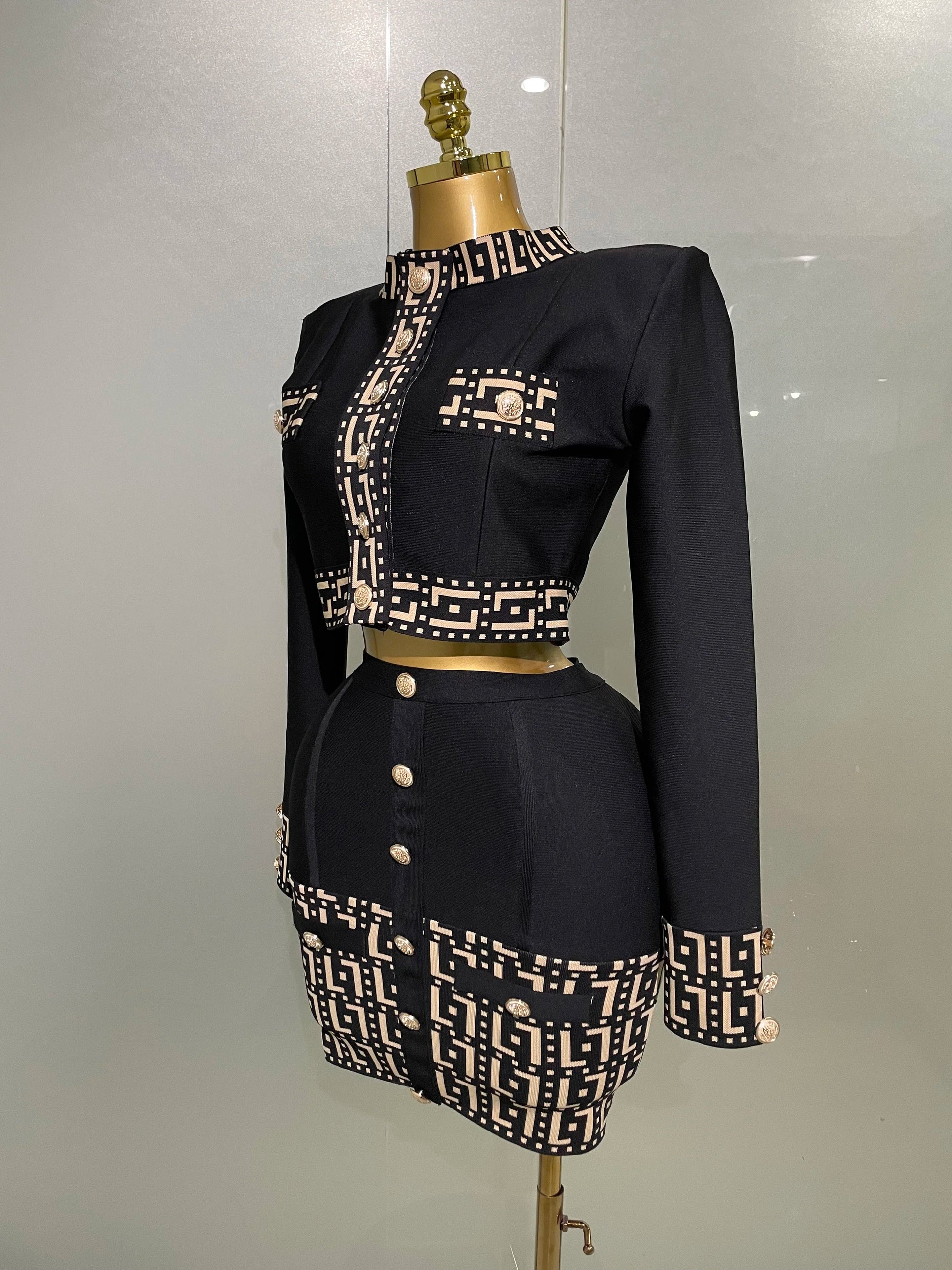 Trendy Black Long Sleeves Two Pieces Bandage Set Button Top Short Skirt Suit Evening Party Women's Outfit Nightclub Wear