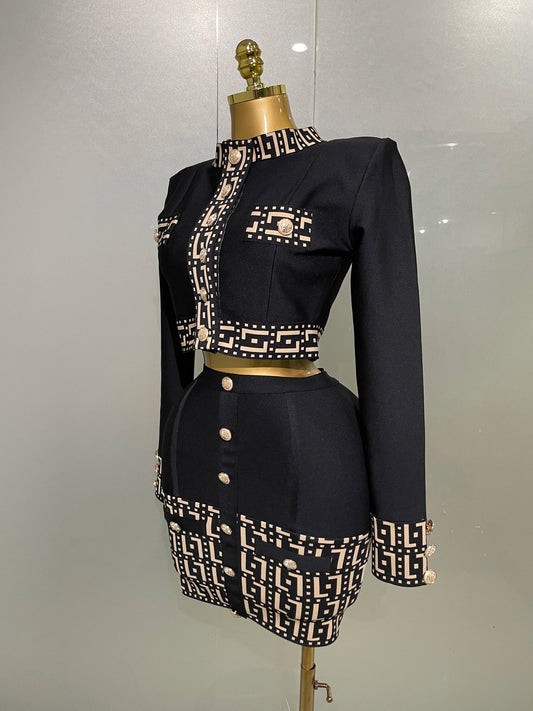 Trendy Black Long Sleeves Two Pieces Bandage Set Button Top Short Skirt Suit Evening Party Women's Outfit Nightclub Wear