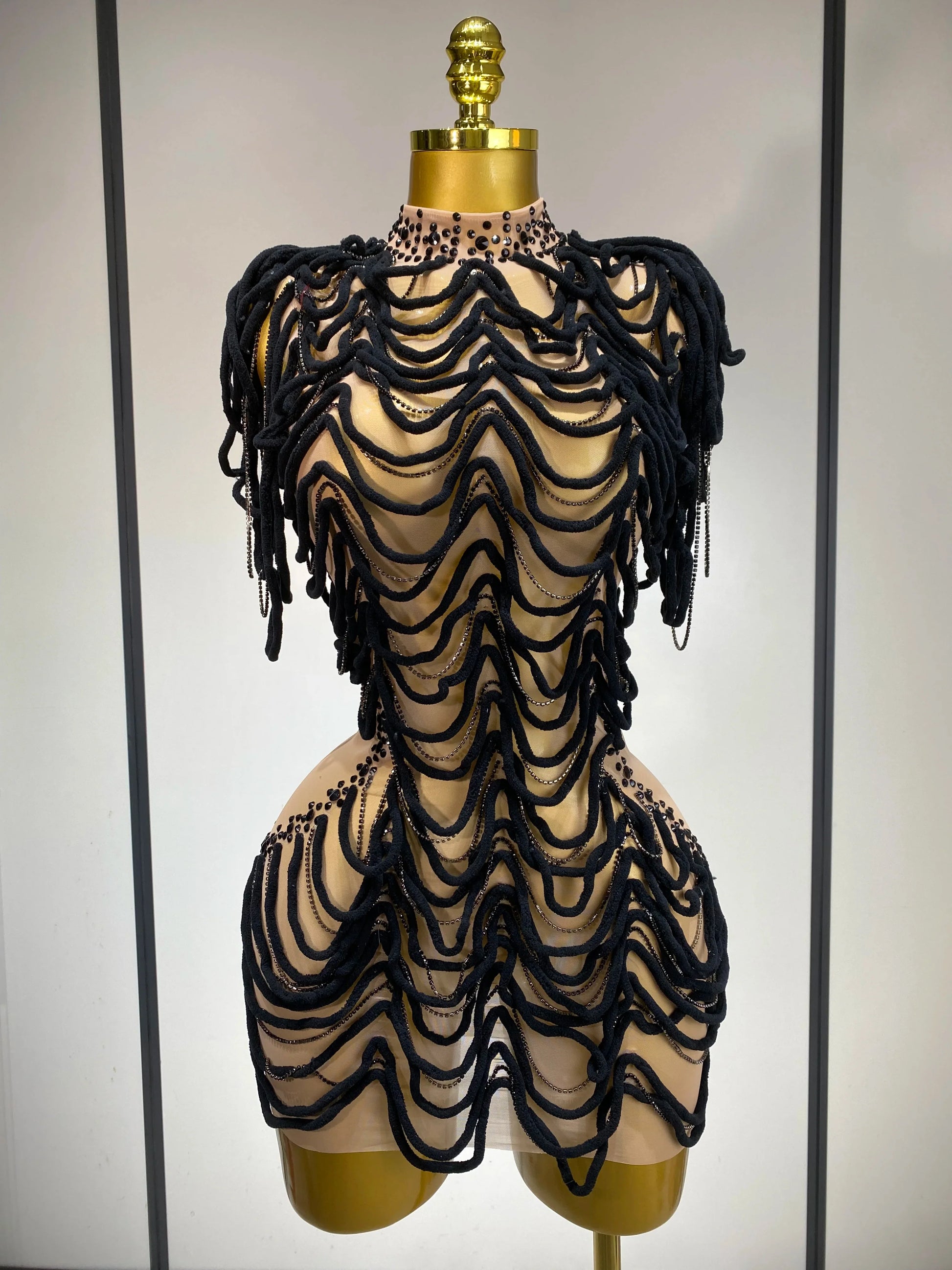 Women Sexy Mesh See Through Sparkly Rhinestones Chain Stage Costume Nightclub Celebrate Evening Party Performance Outfit black