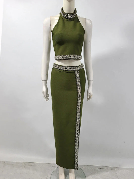 Black Army Green Bandage Two Pieces Sets Sexy Diamond Bead Halter Top Long Skirt Women Bodycon Clothing Elegant Party Sets