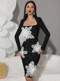 Women's Light Luxury 3D Flower Design Bandage Dress Square Neck Long Sleeve Bodycon Flute Dress Evening Club Party Vestidos black