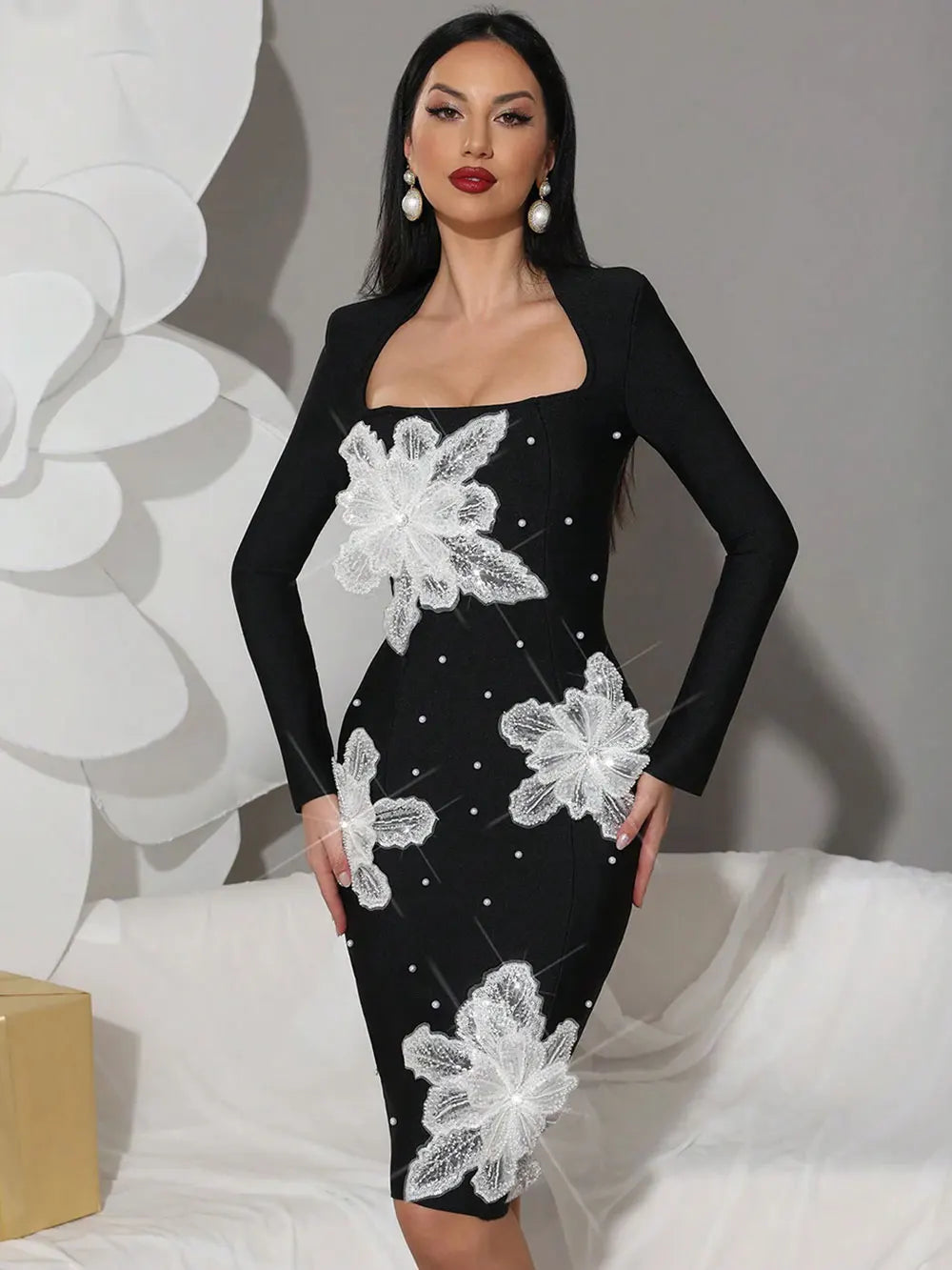 Women's Light Luxury 3D Flower Design Bandage Dress Square Neck Long Sleeve Bodycon Flute Dress Evening Club Party Vestidos black