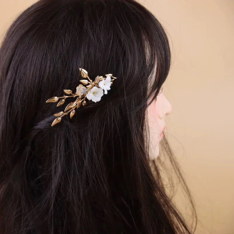 Wedding Accessories Vintage Hair Comb Pin Clip Gold Color Hairpin Women Brides Porcelain Flower Leaf Head Piece Bridal Jewelry